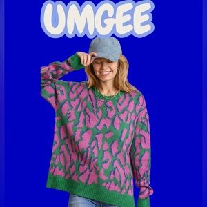 UMGEE Teal Me with Leopard animal print sweater women’s size 1XL XXL